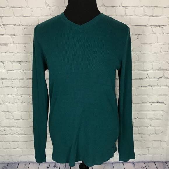 Guess Mens Ribbed Green Thin Knit w| Faux Leather Patch - Picture 1 of 4